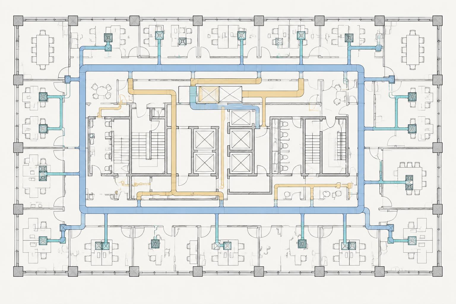 Illustrative office floor plan with blue supply ducts and amber return ducts